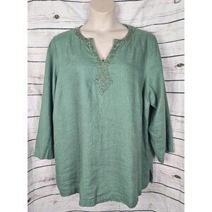 Gillian Grey Green 100% Linen Tunic Top 2X Coastal Beaded V-Neck Pullover